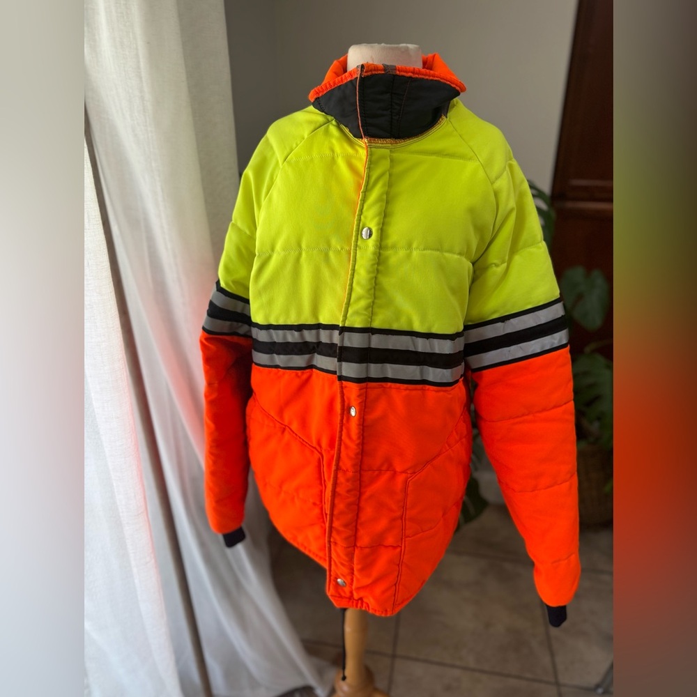 Vintage Hi-Vis Puffer Safety Jacket XL‎ – Orange/Yellow, Reflective, USA Made